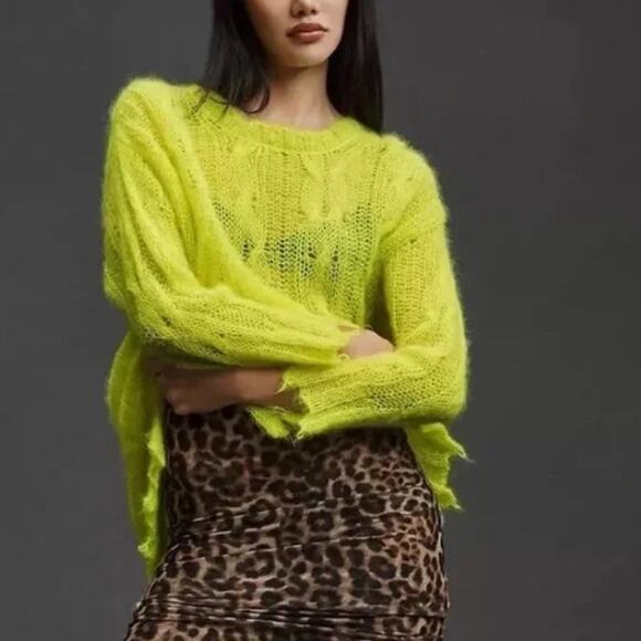 Anthropologie Posey Stitch Distressed Neon Yellow Y2K Layering Sweater Medium - Picture 1 of 4